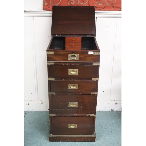 15 - A late 19th/early 20th century brass bound campaign style tall davenport writing desk with sliding t... 