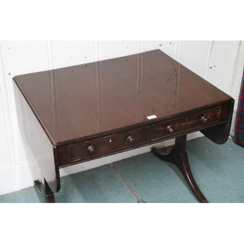 32 - A 19th century mahogany drop-end sofa table with pair of short drawers to one side which is mirrored... 