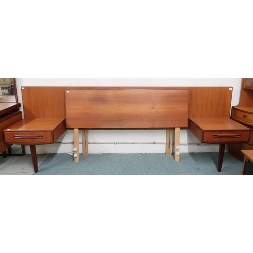 75 - A lot comprising a mid 20th century teak G Plan headboard with twinned single drawer bedside cabinet... 