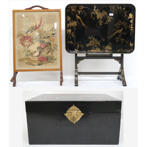 82 - A lot comprising tapestry fire screen, 81cm high x 50cm wide x 22cm deep, black lacquered metamorphi... 