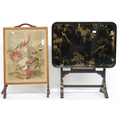 82 - A lot comprising tapestry fire screen, 81cm high x 50cm wide x 22cm deep, black lacquered metamorphi... 