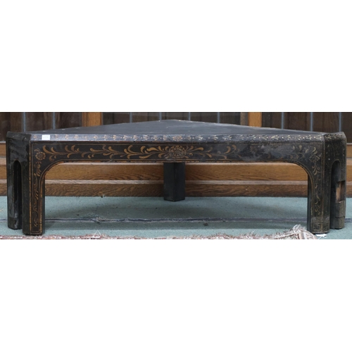 83 - A 19th century ebonised corner plinth painted with gilt foliate decoration, 31cm high x 108cm wide x... 