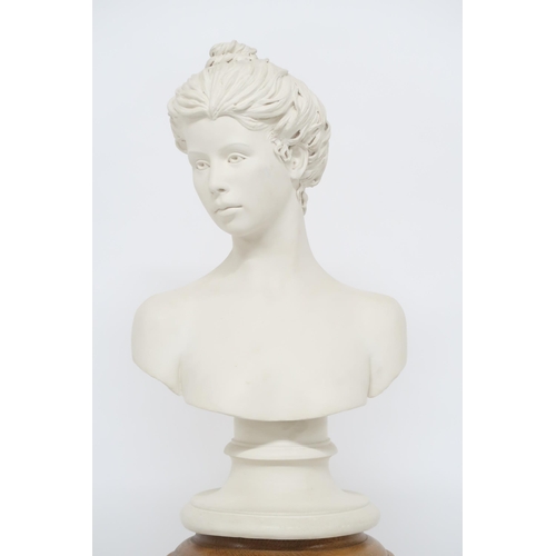 9 - A 20th century white painted ceramic bust of a lady on an oak tapering cylindrical pedestal with ste... 