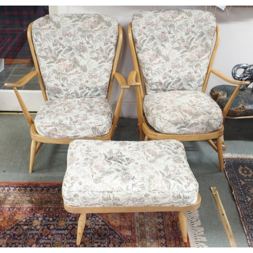 94 - A pair of 20th century Ercol elm & beech rail back armchairs with floral upholstered cushions, 8... 