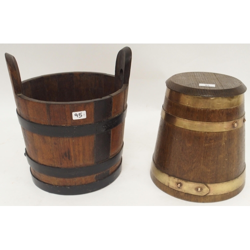 95 - A lot comprising a 20th century coopered oak bucket planter, 36cm high x 32cm diameter and another o... 