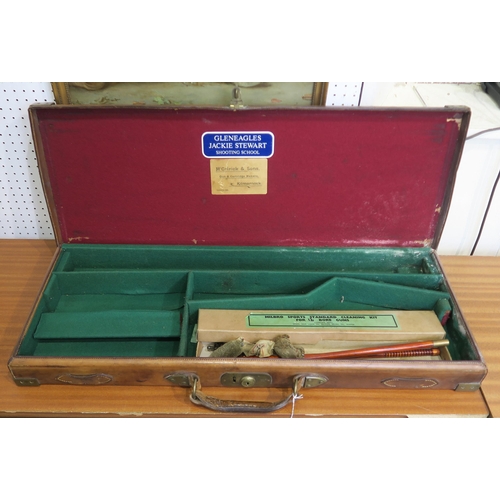 304 - A tan leather shotgun case by McCririck & Sons of Kilmarnock, with brass mounts, Secure Lever lo... 