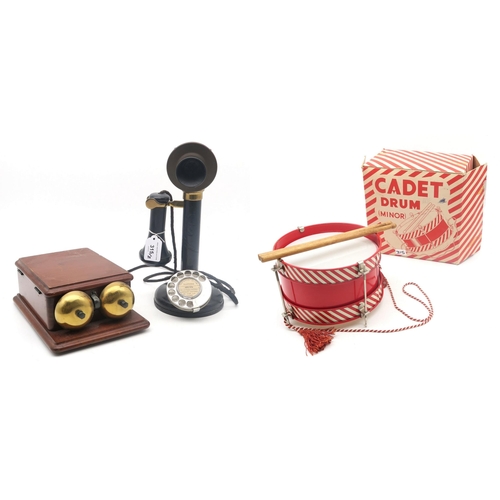 315 - An early-20th century stick telephone, with bell box; together with a boxed 