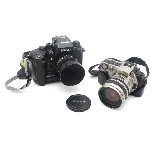 326 - A Nikon F4 camera, fitted with an AF Nikkor 50mm 1:18 lens; together with a Canon Eos IX camera, fit... 