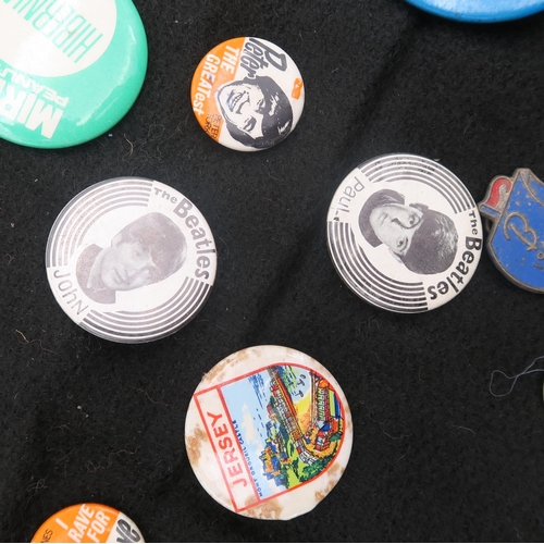 334 - A collection of vintage pin badges, to include Beatles and Monkees examples, together with a further... 