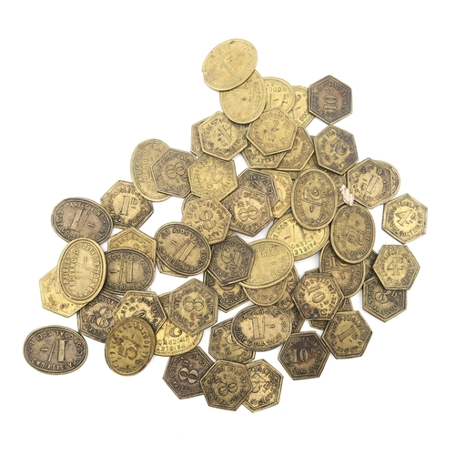 335 - A collection of Paisley Underwood Cooperative Coal Society brass tokens, of oval and hexagonal form