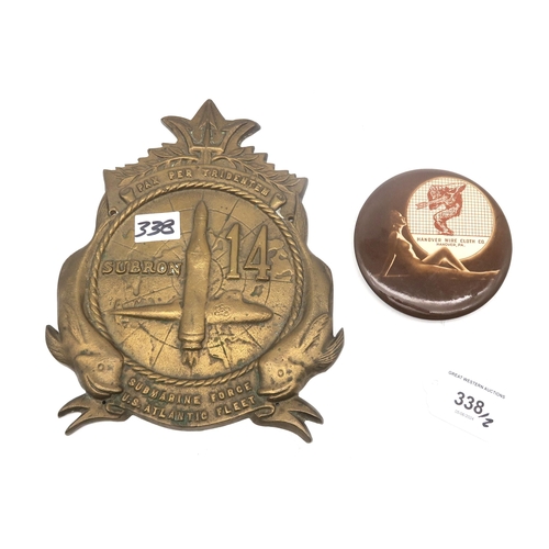 338 - A Subron 14 Submarine Force, U.S. Atlantic Fleet brass wall plaque, measuring approx. 19cm in height... 