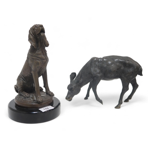 155 - After Pierre Jules Mene  - A bronze of a seated bloodhound together with a bronze of a cow