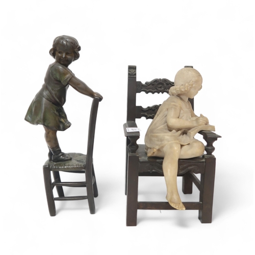 157 - A alabaster and bronze model of a seated girl on chair, together with a spelter figure of a girl sta... 