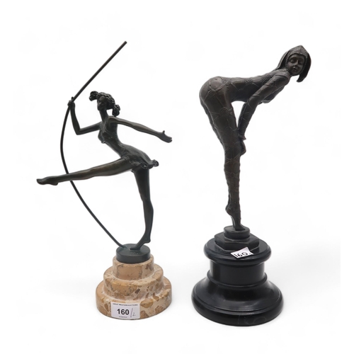 160 - An Art Deco style figure of a dancer with a pole, signed Milo, together with another figure