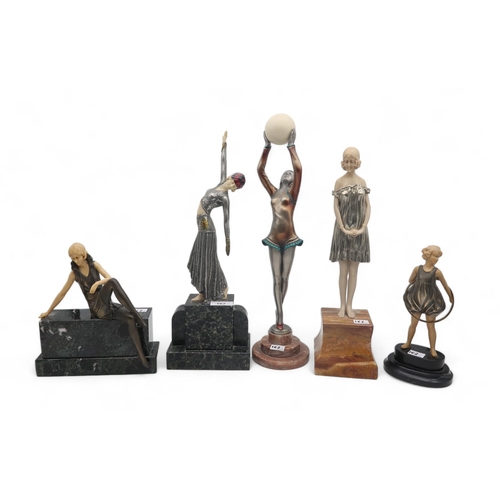 162 - Five Art Deco style resin figures with metallic finish