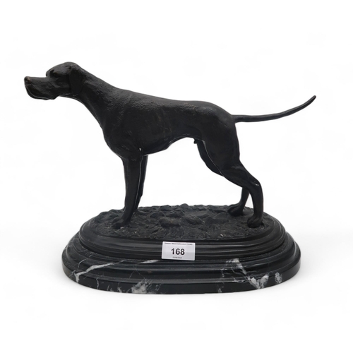 168 - After Mene, a bronze of a hunting dog, on black marble base