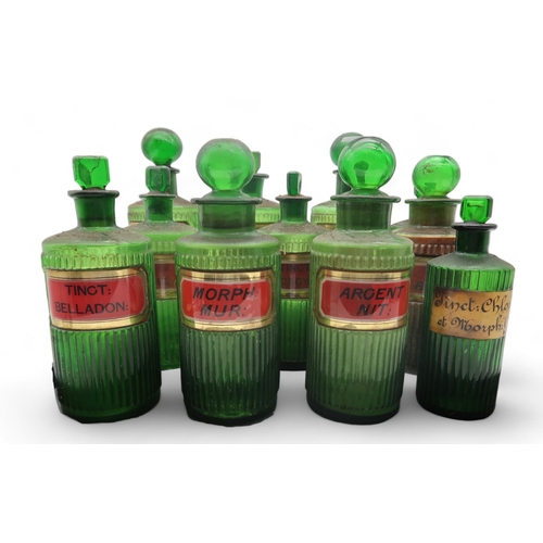 182 - Eleven green glass chemists poison bottles, with red and gilt labels