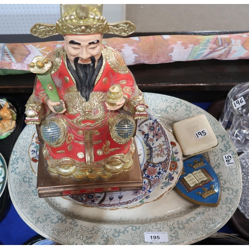 195 - Assorted pottery platters and a resin figure of the Chinese gold of wealth