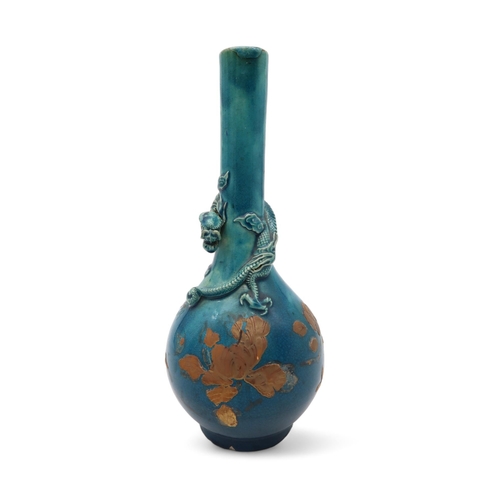 208 - A Japanese Awaji turquoise glazed bottle vase, with lacquer decoration to the body