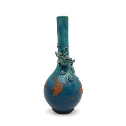 208 - A Japanese Awaji turquoise glazed bottle vase, with lacquer decoration to the body