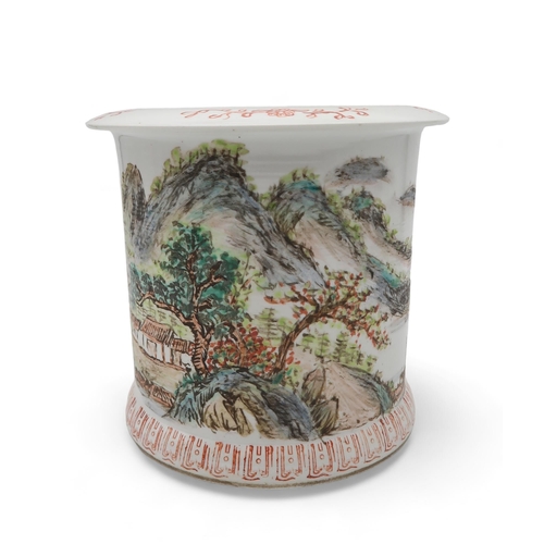 209 - A Chinese famille verte brush pot painted with a mountainous scene, red six character mark to base