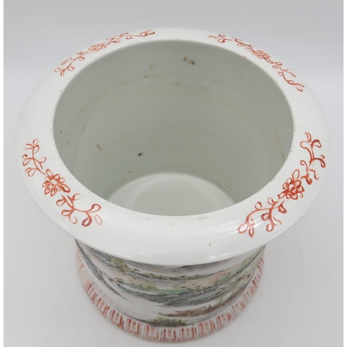 209 - A Chinese famille verte brush pot painted with a mountainous scene, red six character mark to base