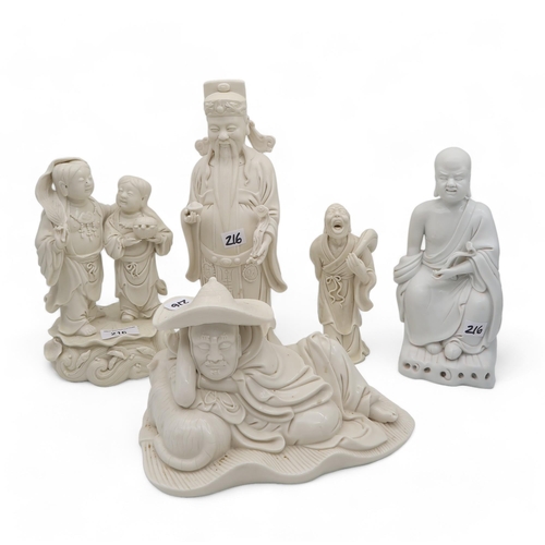 216 - A group of blanc de chine figures including sleeping man and dog, sage, buddha etc