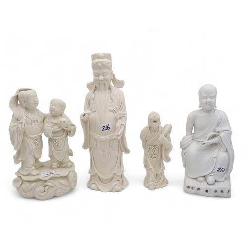 216 - A group of blanc de chine figures including sleeping man and dog, sage, buddha etc