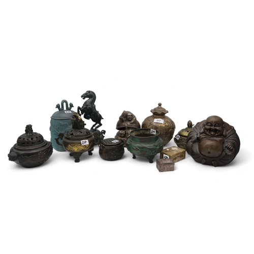 217 - A group of Chinese metal items including koro's, figures, lidded pots etc