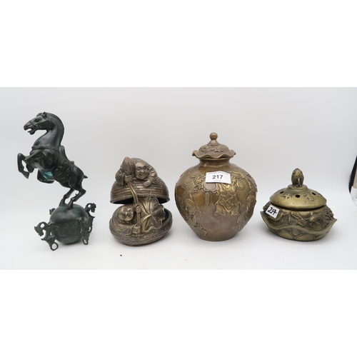 217 - A group of Chinese metal items including koro's, figures, lidded pots etc