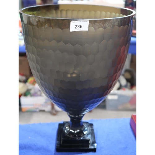 236 - A large smoked glass honeycomb cut hurricane lamp