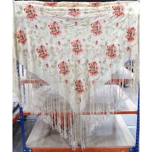 246 - A cream piano shawl embroidered with peonies, lace covered skirt and cape, veil etc