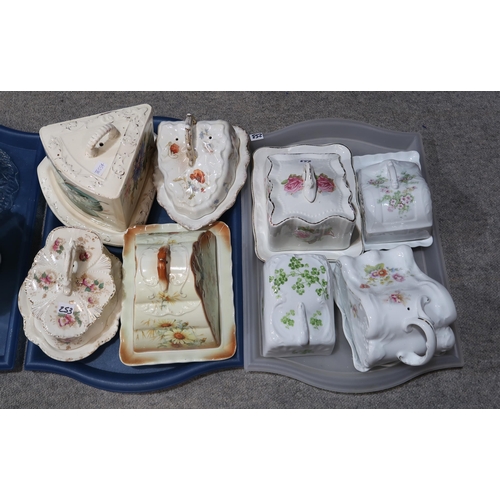 253 - A group of decorative ceramic cheese dishes and covers and assorted pressed glass