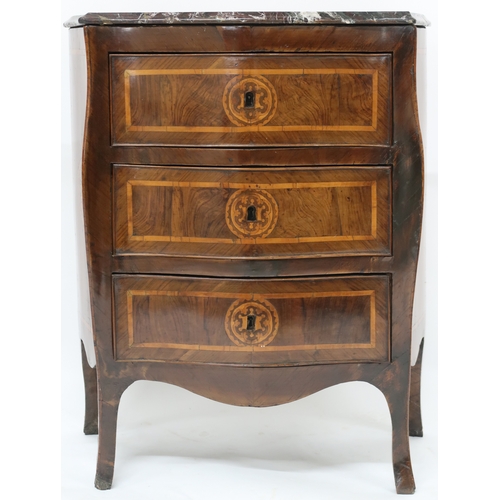 2003A - AN 18TH CENTURY ITALIAN WALNUT AND PARQUETRY/MARQUETRY INLAID MARBLE TOPPED BOMBE COMMODE CHEST serp... 