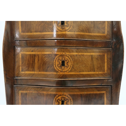 2003A - AN 18TH CENTURY ITALIAN WALNUT AND PARQUETRY/MARQUETRY INLAID MARBLE TOPPED BOMBE COMMODE CHEST serp... 