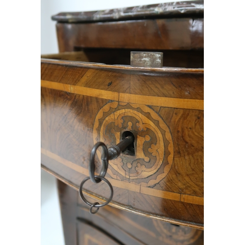 2003A - AN 18TH CENTURY ITALIAN WALNUT AND PARQUETRY/MARQUETRY INLAID MARBLE TOPPED BOMBE COMMODE CHEST serp... 