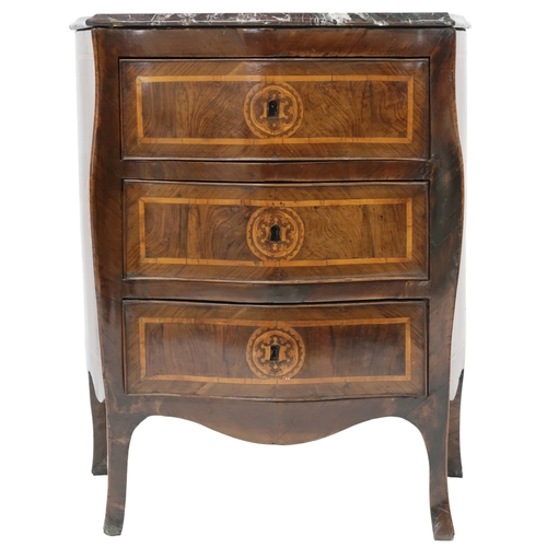 2003A - AN 18TH CENTURY ITALIAN WALNUT AND PARQUETRY/MARQUETRY INLAID MARBLE TOPPED BOMBE COMMODE CHEST serp... 