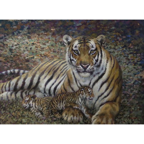 2978A - JOEL KIRK (BRITISH b.1948)TIGER WITH CUBSOil on board, signed lower right, 72 x 97cm (28.25 x 38