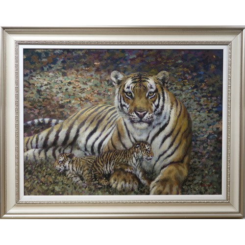 2978A - JOEL KIRK (BRITISH b.1948)TIGER WITH CUBSOil on board, signed lower right, 72 x 97cm (28.25 x 38