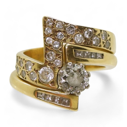 A pair of bright yellow metal and diamond matching zig zag pattern rings, a solitaire of estimated 0.60cts with further princess cut diamonds set to the shoulders, size O, and a wedding ring shaped to fit pave set with diamonds with an estimated approx diamond total of 0.53cts, finger size O, weight together 12.4gms