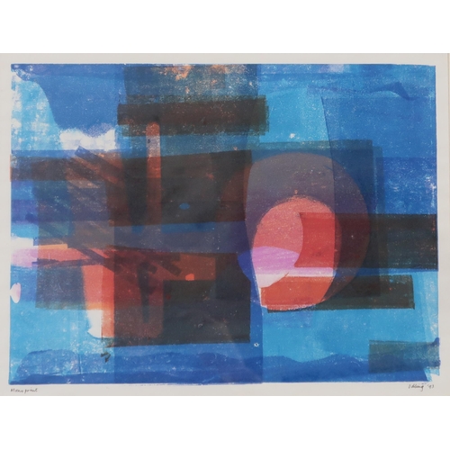 1015 - HENRY EDWARD 'TED' ODLING (BRITISH 1921-2007) ABSTRACT IN BLUE AND RED Monoprint, signed lower right... 