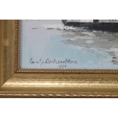 951 - IAN G. ORCHARDSON (SCOTTISH 1927-1997) QUEEN EMPRESS AT LARGS Oil on board, signed lower l... 