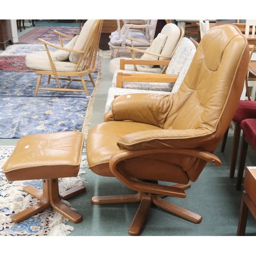 104 - A 20th century caramel faux leather upholstered Stressless style armchair and stool (2)