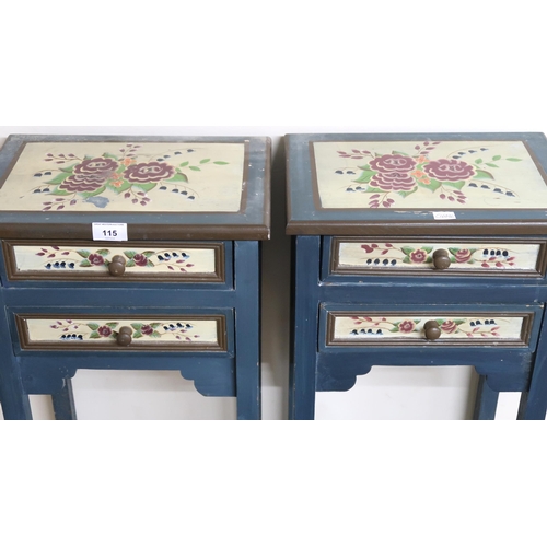 115 - A pair of contemporary continental style blue and floral painted two drawer side tables on square su... 