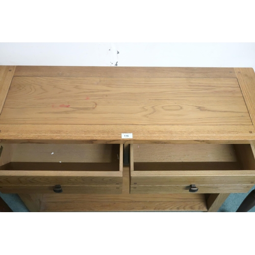 116 - A contemporary oak Willis & Gambier two drawer hall table on square supports joined by lower tie... 