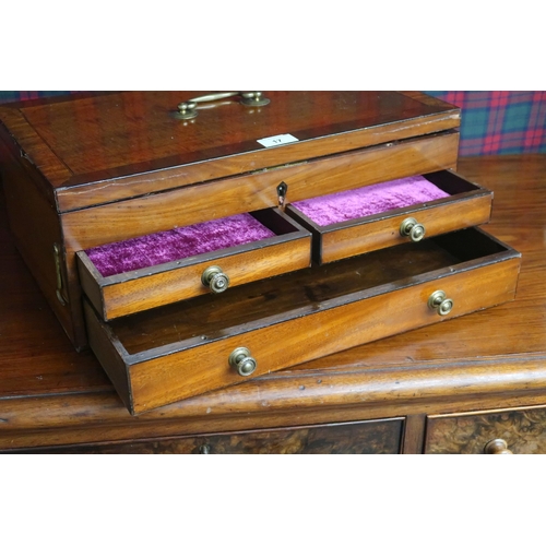 17 - A 19th century mahogany crossbanded dressing box with internal mirror over velvet lined interior and... 