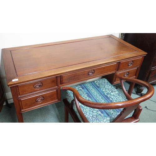 30 - A lot comprising a Chinese hardwood writing desk with long central drawer flanked by pairs of short ... 