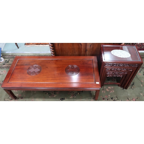 33 - A lot comprising 20th century Chinese hardwood nest of four tables with squared tops on shaped squar... 