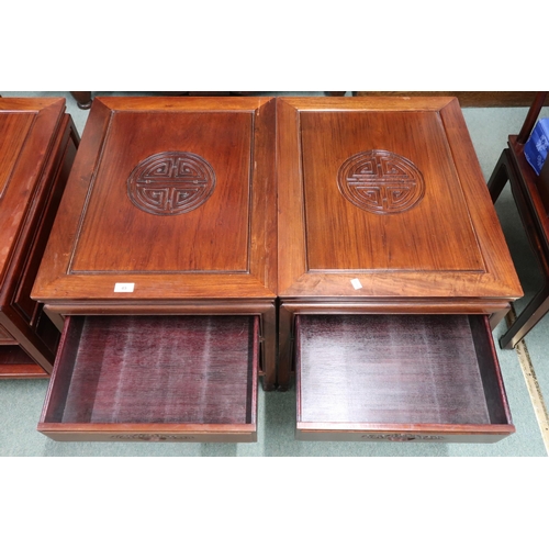 49 - A pair of 20th century Chinese hardwood single drawer hall tables with squared supports joined by lo... 