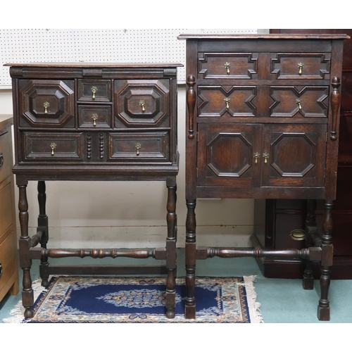 60 - A lot two 20th century oak Jacobean style side cabinets the first with two long drawers over pair of... 